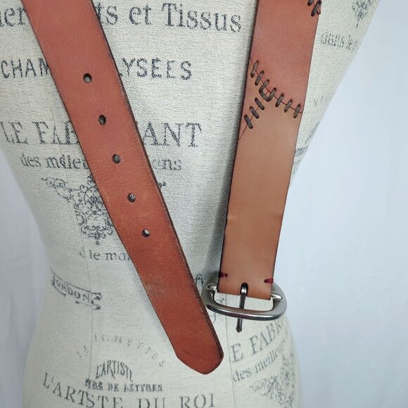 Vintage Lucky Brand Belt Large 36" Tan Leather Patch Stitch - Picture 6 of 11